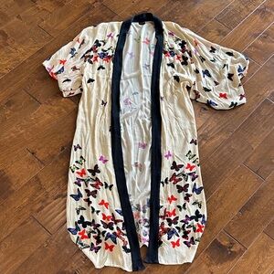 SAACHI White Butterfly Print Kimono with Black Trim